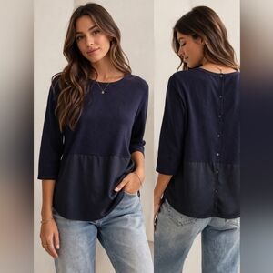 COS | Navy Two Tone (Cotton & Silk) Blouse w/ Buttons on the Back, Size M